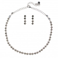 Black Crystal Diamond Row Necklace and Earrings Set, Black Diamond Swarovski Crystals, Rhodium Plated.