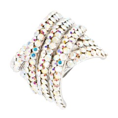 Kriss Cross, Adjustable Fashion Ring AB Swarovski Crystal, Rhodium Plated, Silver Finish. Gemini London Jewellery