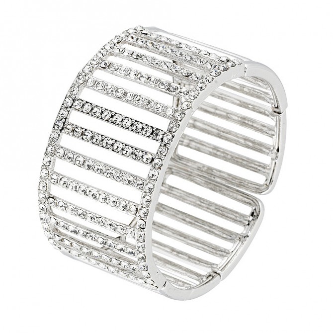 Swarovski Crystal Cuff Adjustable Bracelet, Linear lines of Clear White Crystals on Rhodium Plated Metal, Silver finish