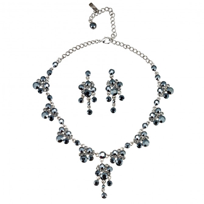 Black Crystal Necklace and Earring Set, Cluster Drops Swarovski Black Crystal