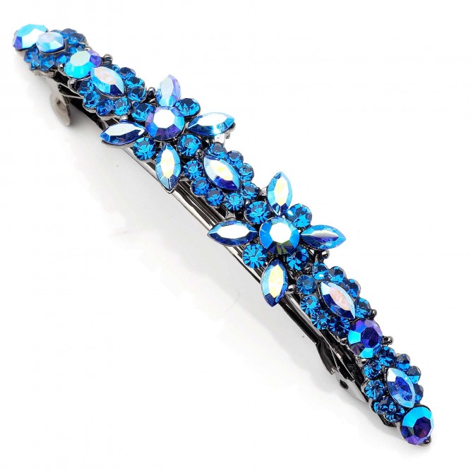 Blue Flower Cluster Hair Slide with Blue (Capri) and AB Blue Capri Swarovski Crystals