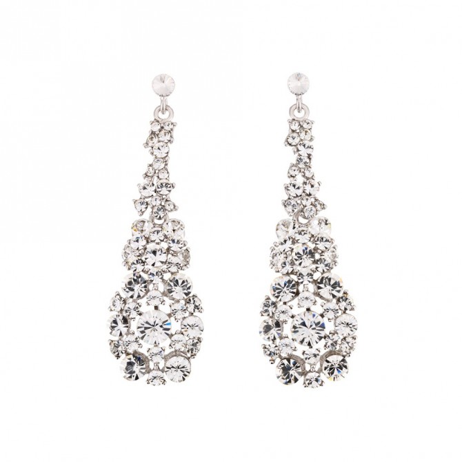 Hollywood Cluster Earring Drop - Swarovski Crystals, 75mm drop Length, Rhodium Plated Silver Finish.