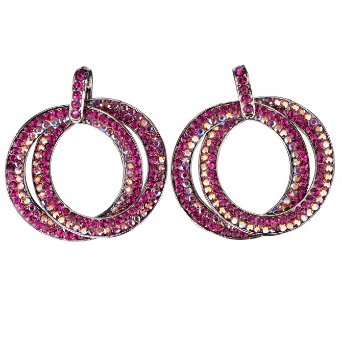 Double Circle Hoops Crystal Earrings with Pink, Fuchsia, AB Pink Swarovski Crystal - length 45mm - Gemini London