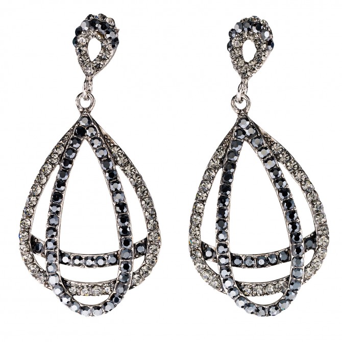 Entwined Double Pear Drop Crystal Earrings with Black and Black Diamond Swarovski Crystal