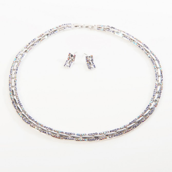 Close linked Necklace and Earring Set - AB and Tanznite Swarovski Crystal