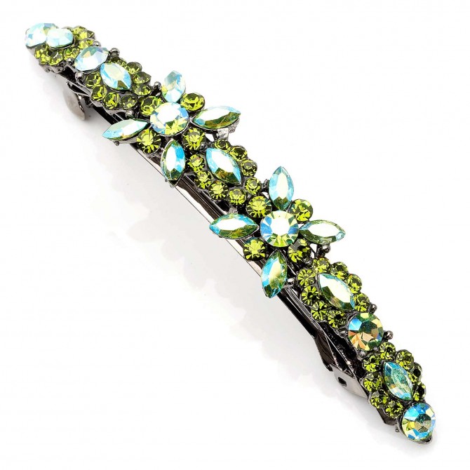 Olive Green and AB Olive Green Swarovski Crystal Flower Hair Slide, Gemini London