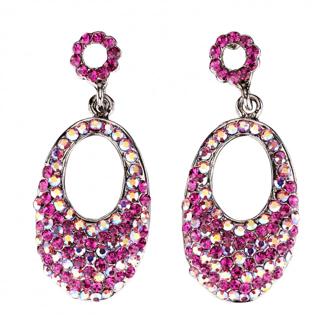 Oval Crystal Drop Earrings with AB Fuchsia and Fuchsia Pink Swarovski Crystal