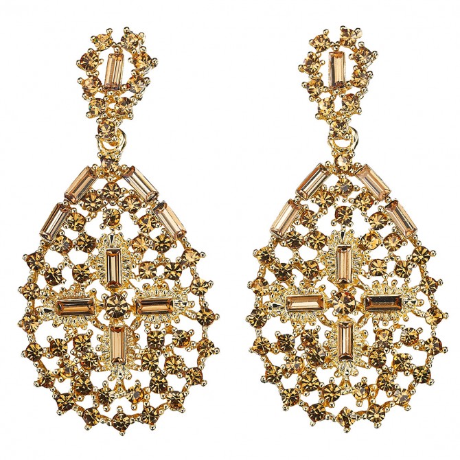 Pear Shape with Cross, Drop Earrings with Topaz Swarovski Crystal & Gold Plating