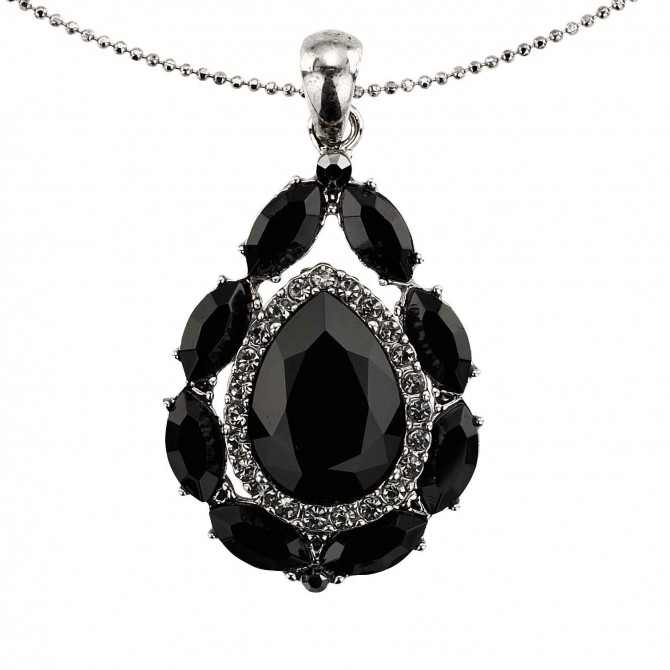 Tear Drop SwarovskiBlack Crystal Pendant Necklace, Rhodium Plated (Necklace only)