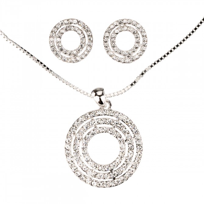 Circle Cluster Necklace and Earrings, White Diamond Swarovski Crystals