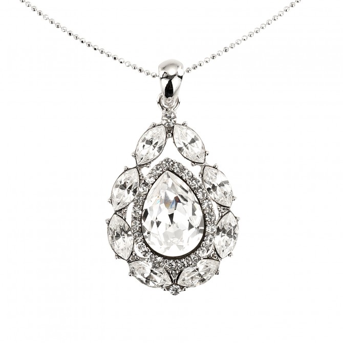 Tear Drop Swarovski Crystal Pendant Necklace, Rhodium Plated (Necklace only)