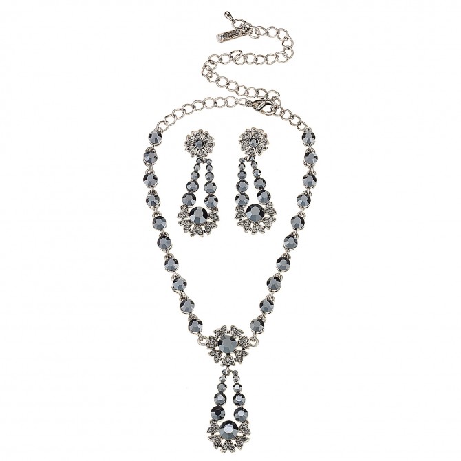 Black Crystal Flower Pendant Drop Necklace and Earrings Set, Black Swarovski Crystals
