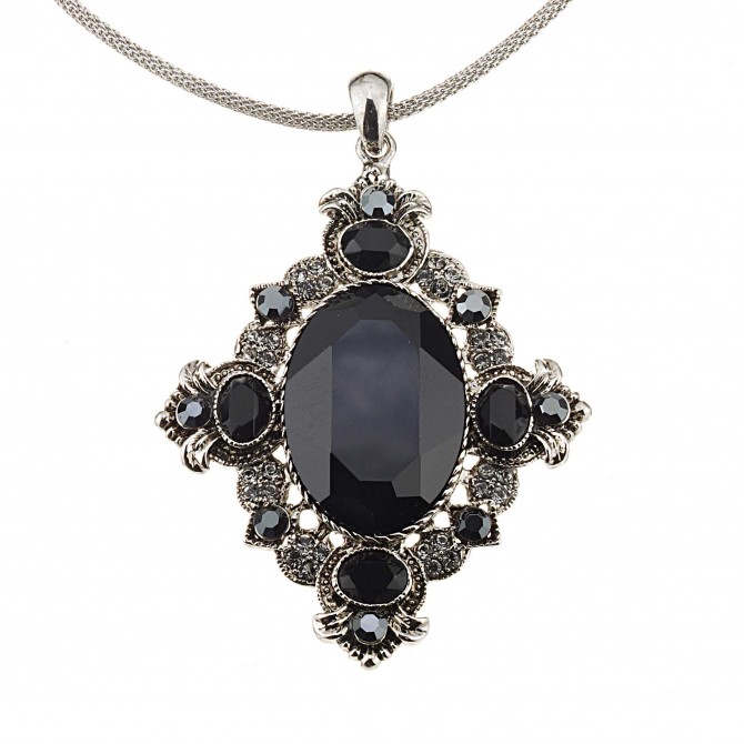  Vintage Swarovski Black Diamond & Jet Crystal Pendant Necklace, Rhodium Plated, Nickel Free