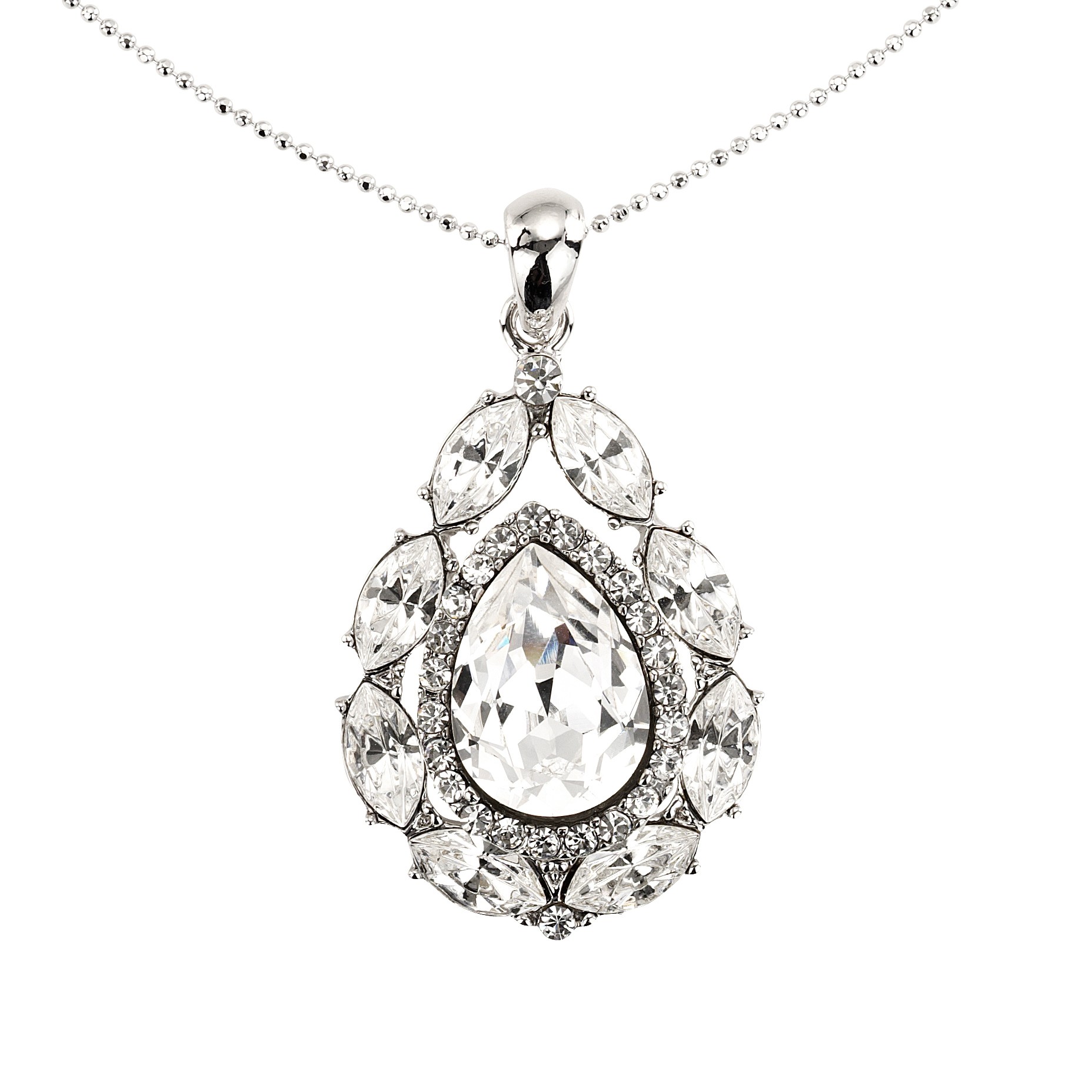 Swarovski Crystal Tear Drop Swarovski Crystal Pendant Necklace, Rhodium