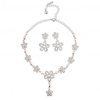 AB Crystal Jewellery Set - Necklace and Earrings of Summer Flowers, AB & Clear Swarovski Crystals