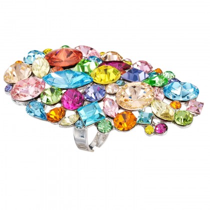 Black Friday Deal - Multi Coloured Crystal Custer Large Adjustable Ring, Swarovski Multi Coloured Crystals