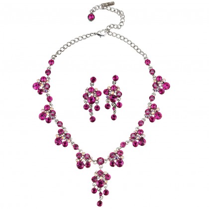 Pink Crystal Necklace and Earrings Set, Chandelier Drop