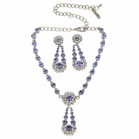 Blue Crystal Flower Pendant Drop Necklace and Earrings Set, Blue Swarovski Crystals