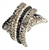 Kriss Cross Adjustable Fashion Ring with Jet Black, Grey AB and Clear, Swarovski Crystal & Rhodium Plated Silver Finish. Gemini London Jewellery
