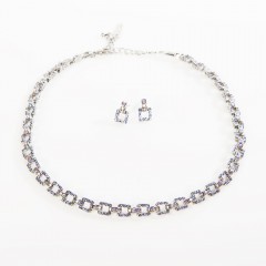 Square Linked Necklace and Earring with AB and Tanzanite Swarovski Crystal 