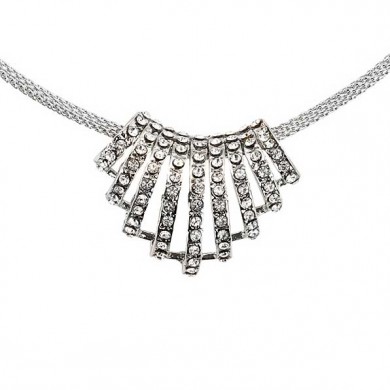 Linear Fan of White Diamond Swarovski Crystal Clusters Pendant Necklace, Rhodium Plated