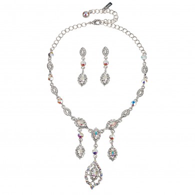 AB Crystal Jewellery Set - Three Crystal Drop Necklace and Earrings, AB & Clear Swarovski Crystals