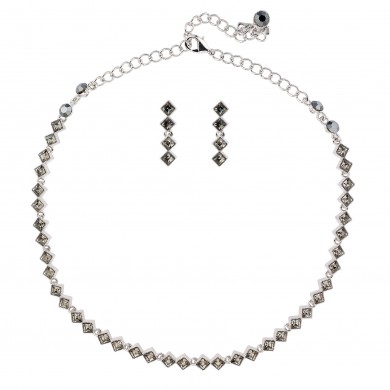 Black Crystal Diamond Row Necklace and Earrings Set, Black Diamond Swarovski Crystals, Rhodium Plated.