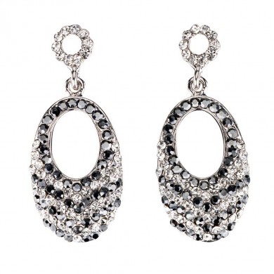 Oval Crystal Drop Earrings with Jet Black & White Diamond Swarovski Crystal & Rhodium Plated, 47mm drop 