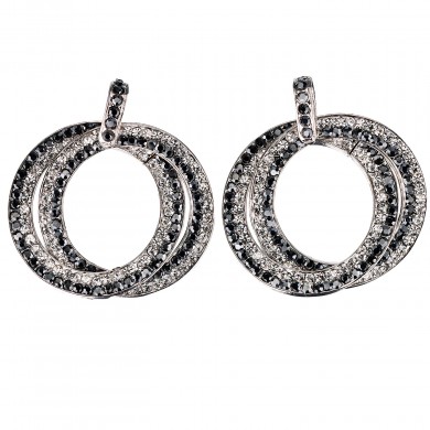Crystal Double Circle Hoops Earrings with Jet Black and White Diamond Swarovski Crystal - length 45mm - Gemini London
