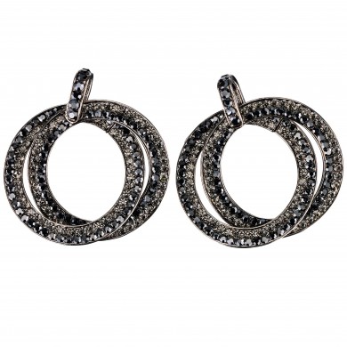 Double Circle Hoops Crystal Earrings with Jet Black and Black Diamond Swarovski Crystal - length 45mm - Gemini London