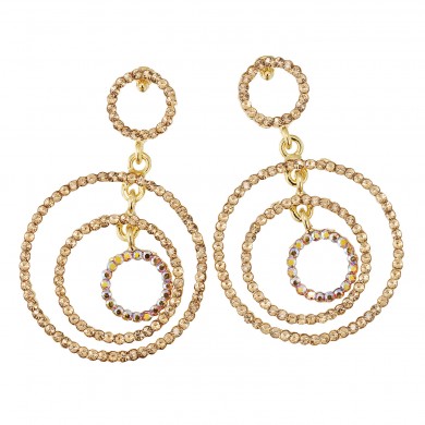 Gold Crystal Earrings, Three Circle 58mm Drops, Swarovski Topaz Crystal, Gold Plated