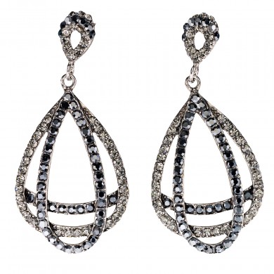 Entwined Double Pear Drop Crystal Earrings with Black and Black Diamond Swarovski Crystal, 67mm length