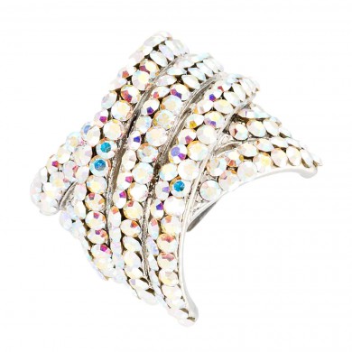Kriss Cross Adjustable Fashion Ring with AB Swarovski Crystal & Rhodium Plated Silver Finish. Gemini Jewellery London
