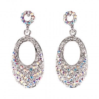 Oval Crystal Drop Earrings with AB & White Diamond Swarovski Crystal & Rhodium Plated, 47mm drop 