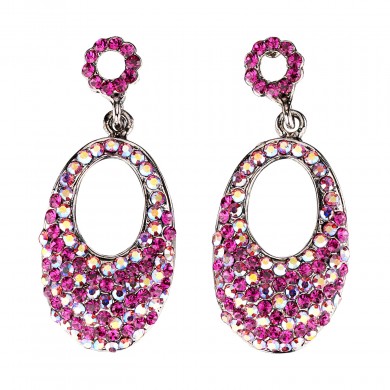 Oval Crystal Drop Earrings with AB Fuchsia & Fuchsia Pink Swarovski Crystal & Rhodium Plated, 47mm drop 