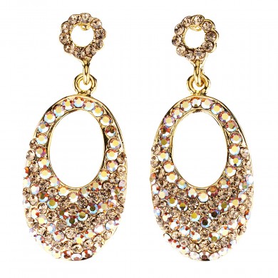 Oval Crystal Drop Earrings with AB Topaz & Topaz Swarovski Crystal & Rhodium Plated, 47mm drop 
