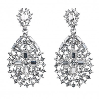 Intricate Crystal Pear Shape with Cross, Drop Earrings with Diamond White Swarovski Crystal & Rhodium Plating - length 65mm - Gemini London
