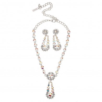 AB Crystal Flower Pendant Drop Necklace and Earrings Set, AB Swarovski Crystals