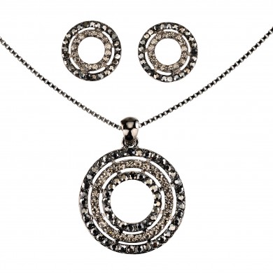 Circle Necklace and Earrings, Black Diamond and Jet Black Swarovski Crystals, Rhodium Antique Plating