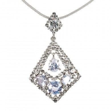 Rhombus Diamond Swarovski White Diamond Crystal Pendant Necklace, Rhodium Plated, Nickel Free