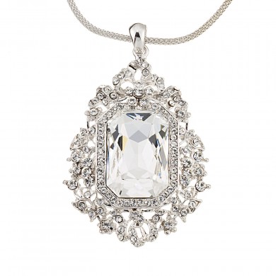 Emerld-cut Hexagonal White Diamond Swarovski Crystal with Floral Crystal Cluster Pendant Necklace, Rhodium Plated