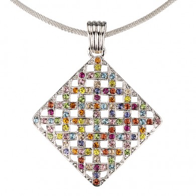 Multi Coloured Pendant Necklace Swarovski Crystal Cluster Diamond, Rhodium Plated