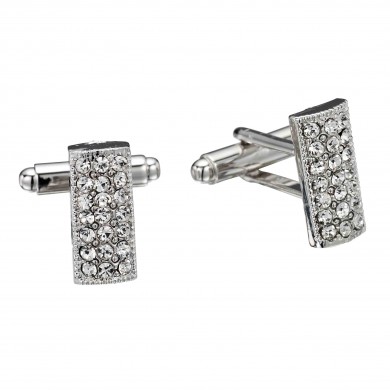 Clear Crystal Cufflinks, White Diamond Swarovski Crystal Clusters Rectangle at 18mm Length, Rhodium Plated