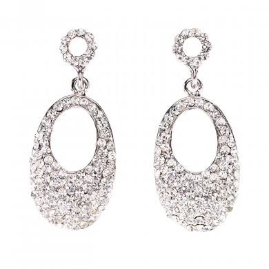 Oval Crystal Drop Earrings with Clear Swarovski Crystal & Rhodium Plated, 47mm drop 