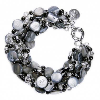 Black/Navy Shell, Beads and Crystal 6 Stranded Bracelet, Designer Bcharmd