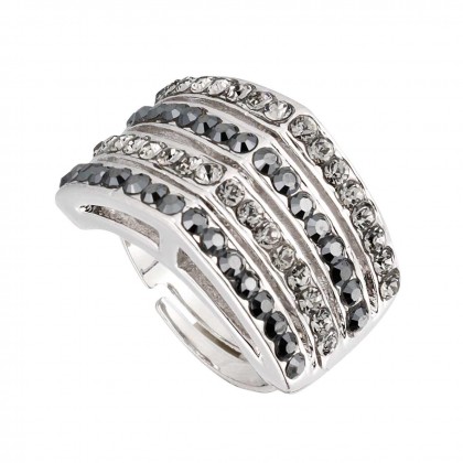 Hollywood Black Diamond and Jet Black Apex Swarovski Crystal Adjustable Ring, Rhodium Plated Silver Finish. Gemini London Jewellery