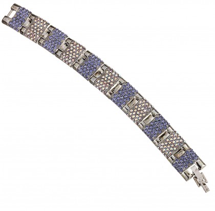 Blue Crystal Bracelet, Panelled Links, AB Tanzanite & Tanzanite Swarovski Crystals, Rhodium Plated - Antique Finish 