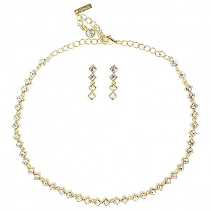 Clear Crystal Diamond Row Necklace and Earrings Set, White Diamond Swarovski Crystals, Gold Plated.
