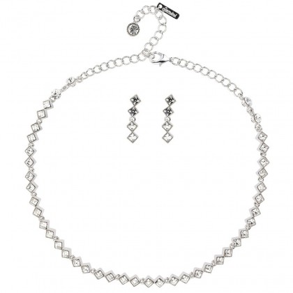 Clear Crystal Jewellery Set - Square Rows of Clear White Diamond Swarovski Crystals, Rhodium Plated.