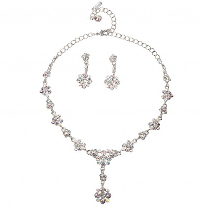 AB Crystal Flower Motif Jewellery Set - Necklace and Earrings Flower, AB & Clear Swarovski Crystals